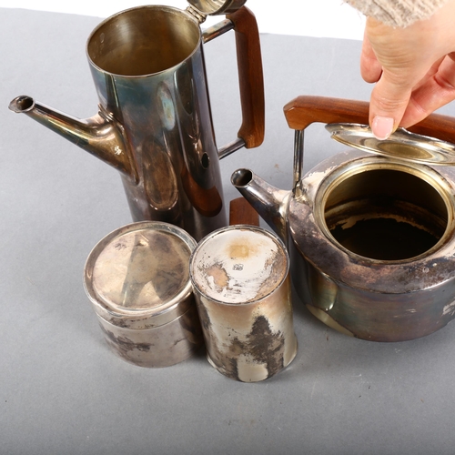 505 - A mid 20th century 4 piece tea set, silver plated with teak handles, comprising teapot, hot water ju... 