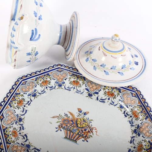 509 - A Quimper pottery meat plate with painted decoration, length 34cm, and a faience pottery 2-handled l... 