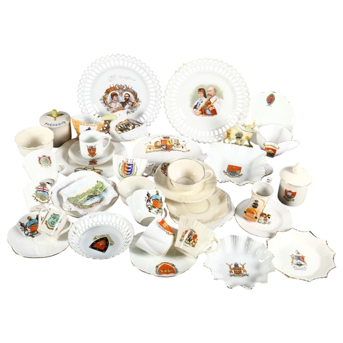 513 - A collection of Crested Ware, including Shelley, and 2 Continental commemorative plates with pierced... 