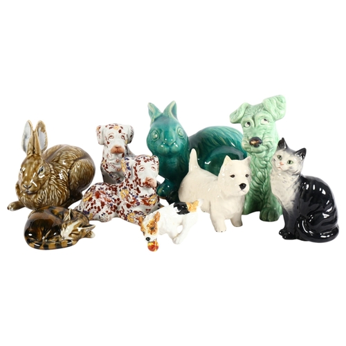 520 - Royal Doulton Terrier, Art pottery blue glazed rabbit, H16cm, a Sylvac dog, 1379, pair of Chinese Im... 