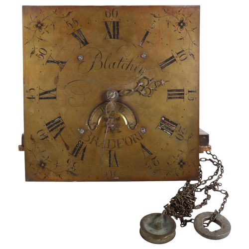 532 - Antique brass clock dial by Blatchly of Bradford, 28cm across