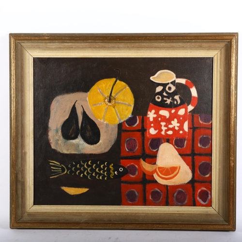 535 - Oil on canvas, modern abstract still life, framed, 65cm x 74cm