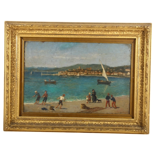 538 - French School, oil on board, coastal scene, in embossed gilt frame, 47cm x 62cm