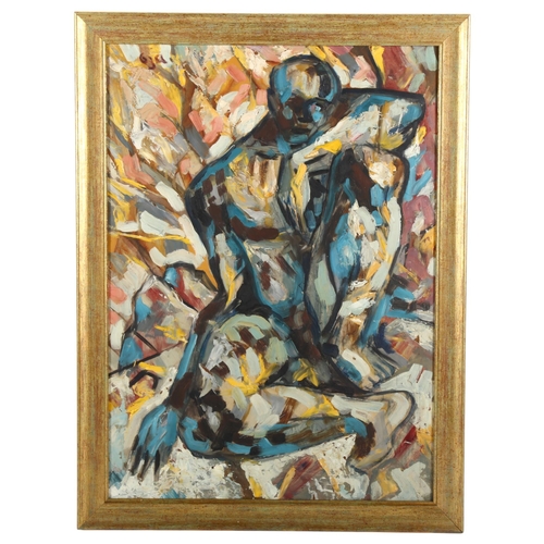 540 - Arvind Oza (1928 - 2013), oil on board, blue figure, signed, 67cm x 51cm