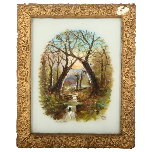 543 - Painting on glass - woodland stream, indistinctly signed, in embossed gilt frame, Jame Goard 1897, t... 