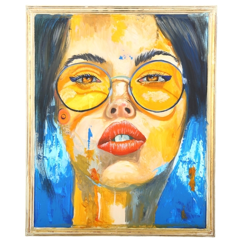 546 - Clive Fredriksson, acrylics on panel, study of a girl wearing large glasses, framed, 67cm x 55cm ove... 