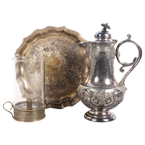 555 - Silver plated chamber stick with storm lantern, coffee pot, and serving tray (3)