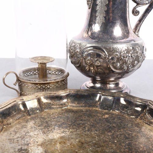 555 - Silver plated chamber stick with storm lantern, coffee pot, and serving tray (3)