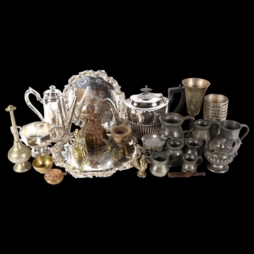 574 - Silver plated salvers, teaware, pewter jugs, mugs, brass bell, etc