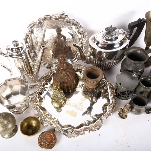 574 - Silver plated salvers, teaware, pewter jugs, mugs, brass bell, etc