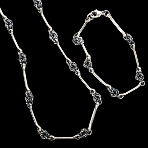 591 - A Danish oxidised sterling silver fancy link chain necklace and bracelet set, 40cm and 18cm, 21.9g t... 