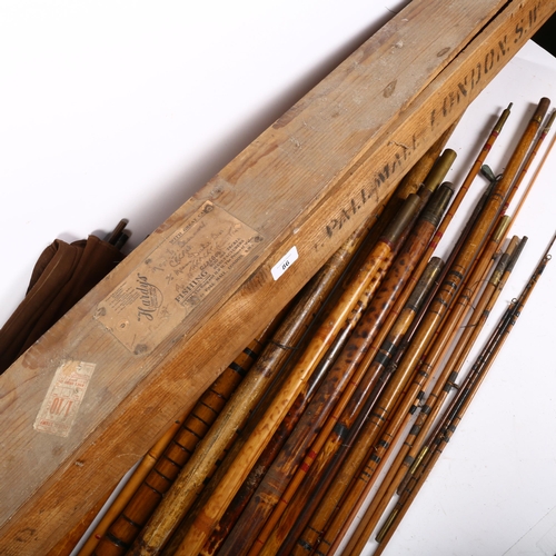 86 - A collection of Vintage bamboo fishing rod sections, gathered in a Hardy Brothers Ltd pine fishing r... 