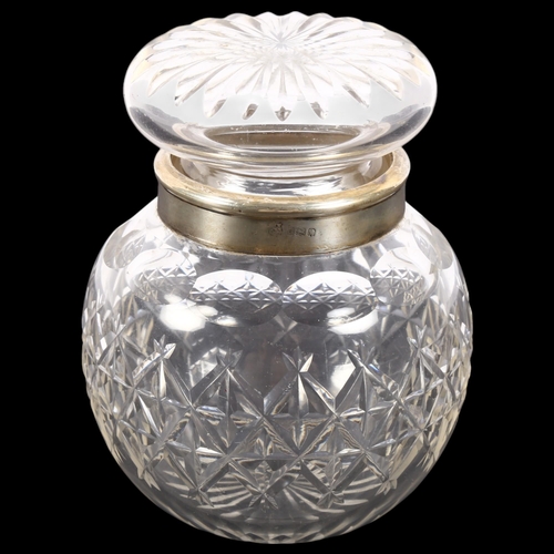 609 - A cut-glass and silver collared jar and cover, H12cm