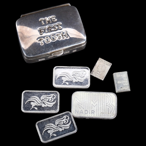 619 - 6 small 999.0 silver ingots (14.5g), and a modern silver rectangular 