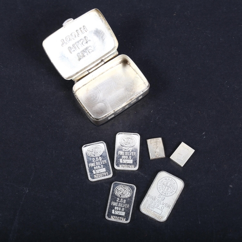 619 - 6 small 999.0 silver ingots (14.5g), and a modern silver rectangular 