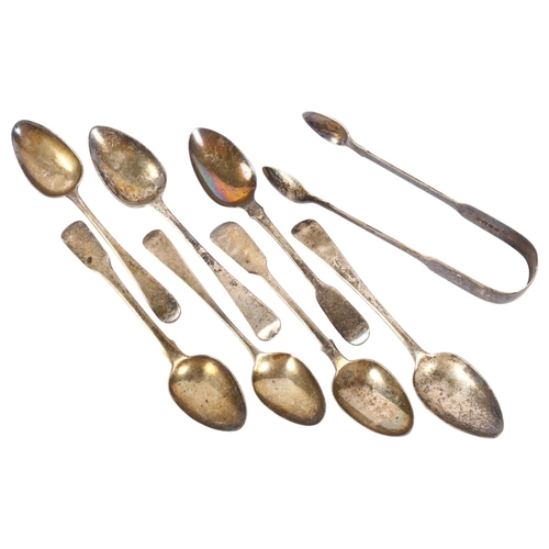 622 - 7 various silver teaspoons, and silver sugar tongs, 5oz