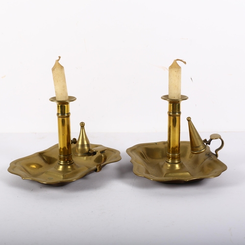 633 - A pair of brass chamber sticks with original snuffers, H14cm