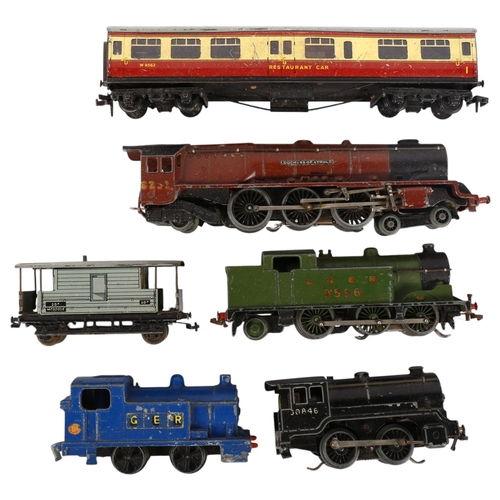 643 - A TIR black locomotive, a Hornby LNER OO gauge green locomotive, a Dinky locomotive, etc