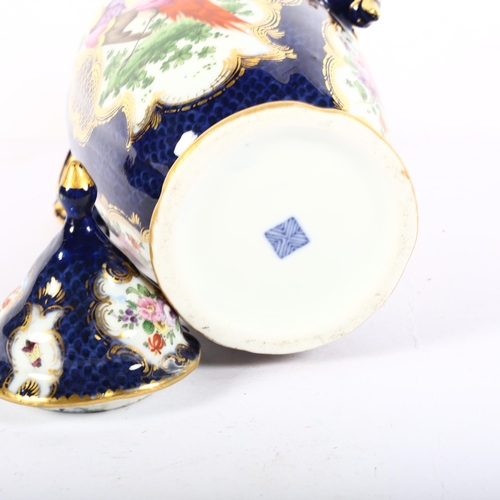 644 - Antique porcelain 2-handled vase and cover, with panels depicting a dancing couple and a tropical bi... 