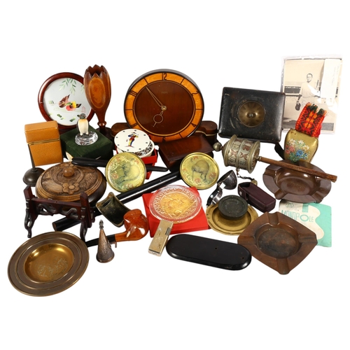 648 - A box of items, including a prayer wheel, card case, lamp, clock, etc