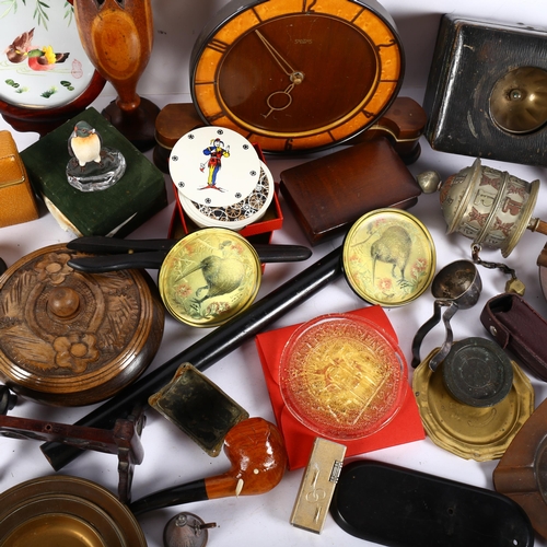 648 - A box of items, including a prayer wheel, card case, lamp, clock, etc