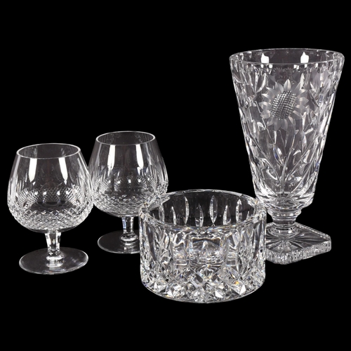 654 - 2 Waterford Crystal Brandy balloons, a Waterford Lismore  bottle stand and a cut-glass vase, H23cm