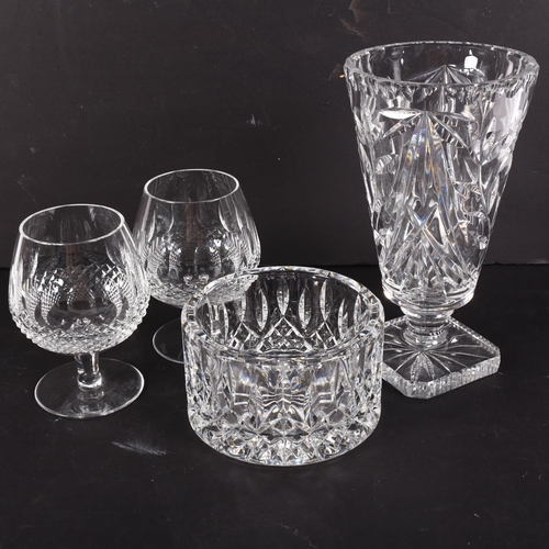 654 - 2 Waterford Crystal Brandy balloons, a Waterford Lismore  bottle stand and a cut-glass vase, H23cm