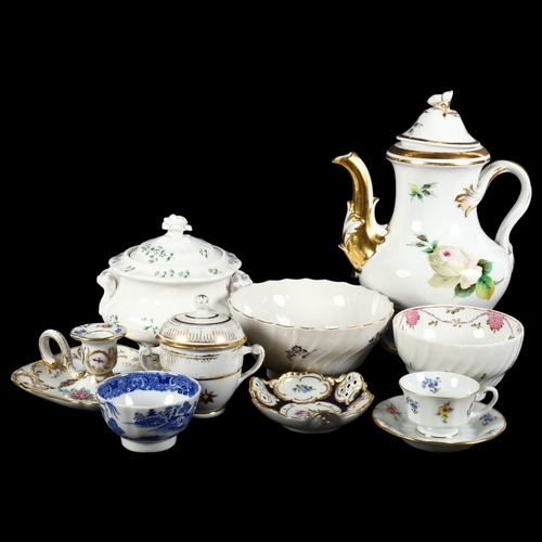 662 - A French porcelain coffee pot, 19th century Riley's sucrier, Dresden cup and saucer, etc