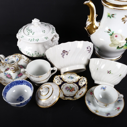 662 - A French porcelain coffee pot, 19th century Riley's sucrier, Dresden cup and saucer, etc