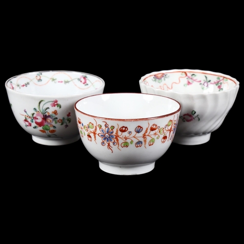 663 - 3 Antique New Hall tea bowls with painted floral designs, 8cm across