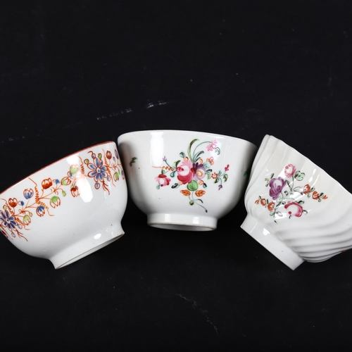 663 - 3 Antique New Hall tea bowls with painted floral designs, 8cm across