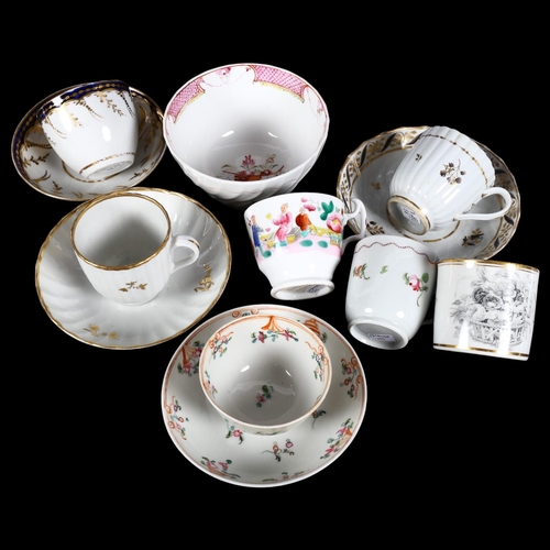 664 - A group of New Hall porcelain cups and saucers, and a New Hall tea bowl and saucer with painted flor... 