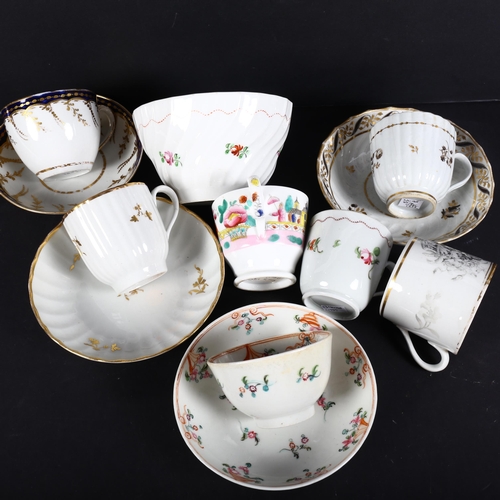 664 - A group of New Hall porcelain cups and saucers, and a New Hall tea bowl and saucer with painted flor... 