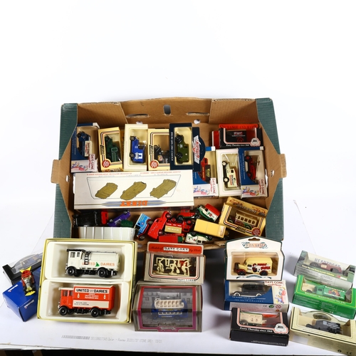 673 - 2 boxfuls of diecast toy cars, including Beano, Corgi United Dairies, boxed, and various loose vans ... 