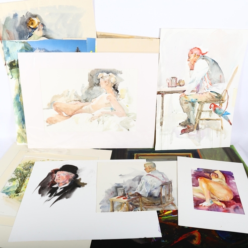 681 - A folder of unframed watercolour portraits, sketches, etc