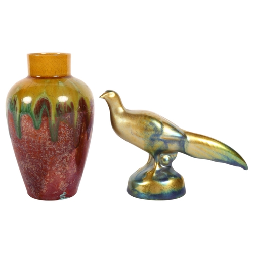 691 - A Zsolnay Eosin lustre pheasant, H8.5cm, and an unmarked yellow and green drip glaze ceramic vase, H... 