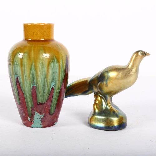 691 - A Zsolnay Eosin lustre pheasant, H8.5cm, and an unmarked yellow and green drip glaze ceramic vase, H... 