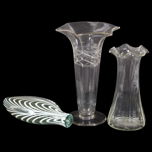 735 - A Victorian Nailsea glass flask and 2 x 19th century glass vases, largest height 19.5cm (3)