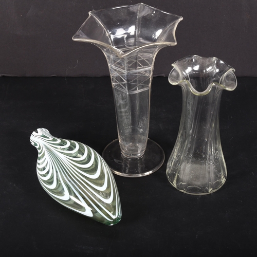 735 - A Victorian Nailsea glass flask and 2 x 19th century glass vases, largest height 19.5cm (3)