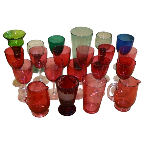 750 - A selection of Vintage and Antique coloured glass, including various cranberry glass wine glasses, c... 