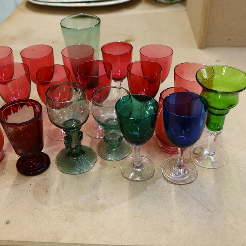 750 - A selection of Vintage and Antique coloured glass, including various cranberry glass wine glasses, c... 