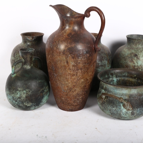 758 - A quantity of Indian Verdigris style tin vases, jugs, and pots, largest height approx 30cm (6)