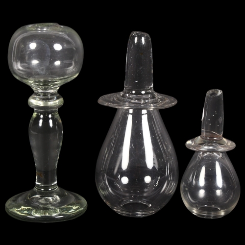 764 - An Antique glass lacemaker's oil lamp, H16cm, together with 2 Antique blown glass blood letting glas... 