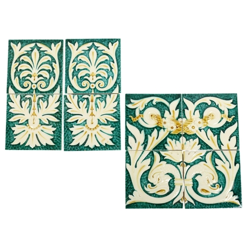 772 - A group of 8 Minton Hollins relief moulded tiles, in pale green and cream, each tile measures 15cm x... 