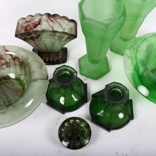 774 - A collection of green cloud glass and frosted glass Art Deco and other items, including a pair of Ar... 