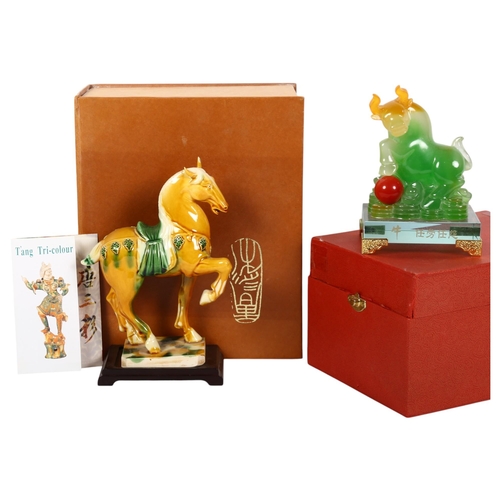 781 - A Tang style ceramic horse, with associated wooden plinth stand, height including plinth approx 19.5... 