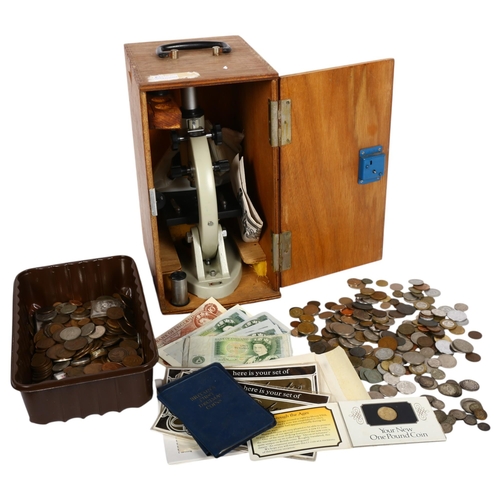 784 - A Vintage Shermond student's microscope in bespoke handmade carry case, and a selection of decimal a... 