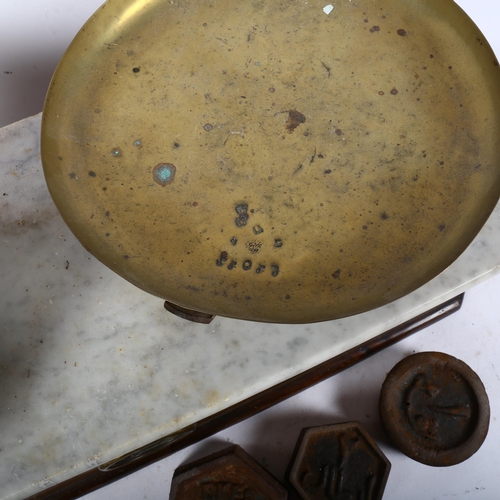 796 - A set of Antique apothecary balance scales, ornate marble top, brass scale dishes, and a selection o... 