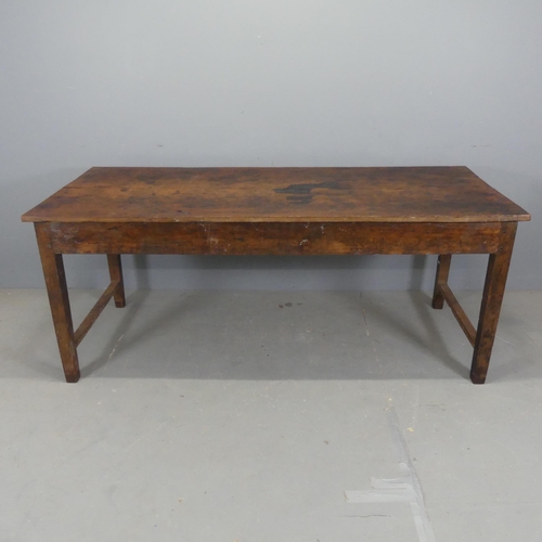 2520 - A stained pine plank-top dining table. Length 188cm, height 76cm, depth 82cm.