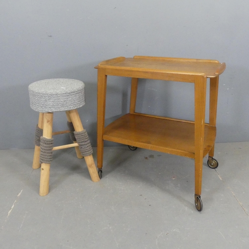 2531 - A 1930s two-tier drinks trolley, width 68cm, height 71cm, depth 47cm, and a modern stool. (2)